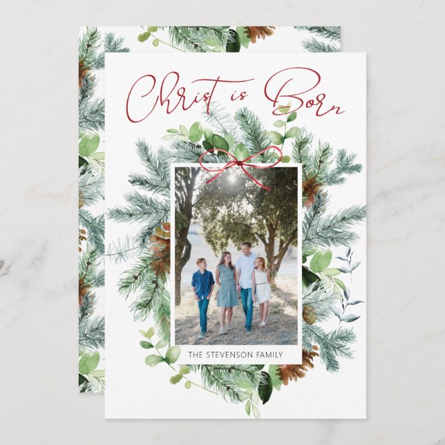 Cartão De Festividades Cristo Nasceu Foto Folhagem de Inverno (Frente/Verso)