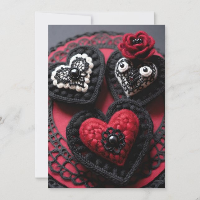 Cartão De Festividades Crochet Gothic Valentine Red & Black Hearts (Frente)
