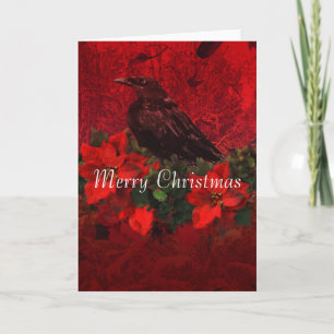Cartão De Festividades Crow on Poinsettias and Holly Christmas Card