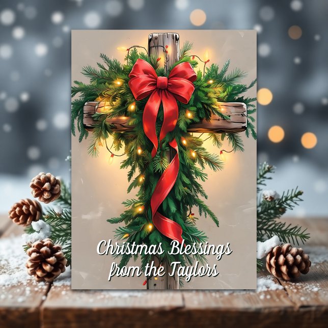 Cartão De Festividades Cruz Cristã Religiosa Rústica Natal Cristão (Rustic Cross Christmas Card with Garland and Bible Verse – Religious Holiday Blessings)