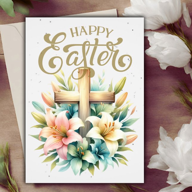 Cartão De Festividades Cruz de Madeira com Páscoa Cristã Personalizada de (Wooden Cross With Lilies Custom Christian Easter Holiday Card)