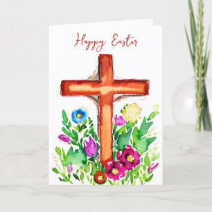 Cartão De Festividades Cruz em aquarela e flores cor-de-rosa personalizad