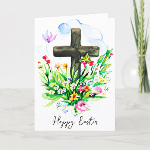 Cartão De Festividades Cruz em aquarela e flores silvestres personalizada