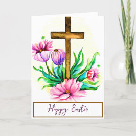 Cartão De Festividades Cruz em aquarela e lótus rosa personalizado Páscoa