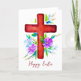 Cartão De Festividades Cruz em aquarela vermelha e flores personalizadas 