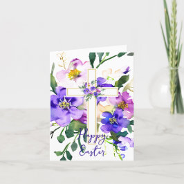 Cartão De Festividades Cruz floral rosa e roxo personalizado Páscoa