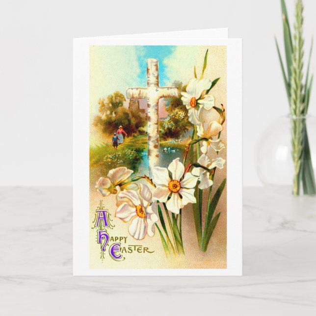 Cartão De Festividades Cruz Santa e flores na Páscoa (Frente)