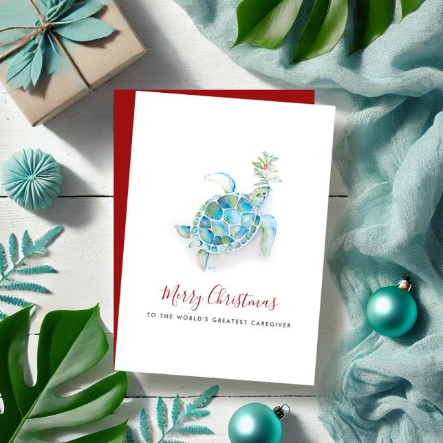 Cartão De Festividades Cuidador de Tartarugas Marinhas Natalino Costeiro  (Merry Christmas wishes for caregiver features watercolor sea turtle by Victoria Grigaliunas)