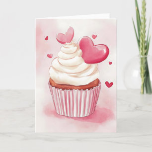 Cartão De Festividades Cupcake e Corações Cor-de-Rosa