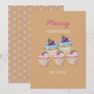 Cartão De Festividades Cupcakes E Frutas Padrão Aquarela