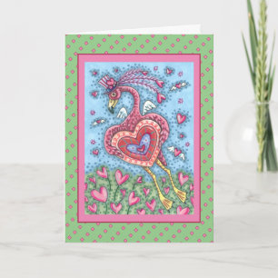 CARTÃO DE FESTIVIDADES CUPIDO DE FLAMINGO ROSA E CORAÇÕES VOADORES NO DIA