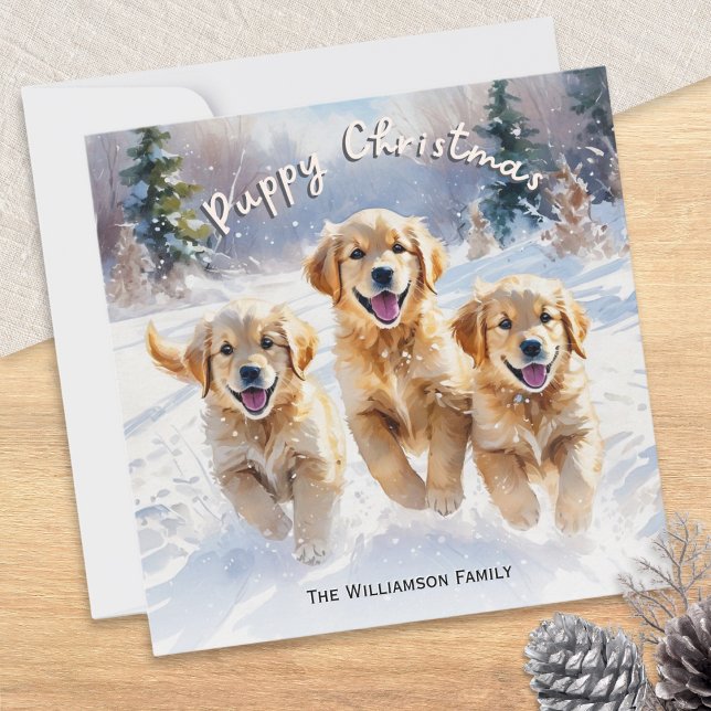 Cartão De Festividades Cuppias De Retriever De ouro No Natal Da Neve (A cute personalized Christmas card with picture of 3 Golden Retriever puppies running through snow)