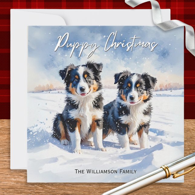 Cartão De Festividades Cuppies De Coca-Cola Na Neve No Natal (A personalized Christmas card with illustration of two cute border collie puppies in the winter snow)