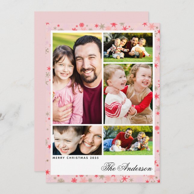 Cartão De Festividades Custom 5-Photo Pink Snowflake Christmas Flat Card (Frente/Verso)