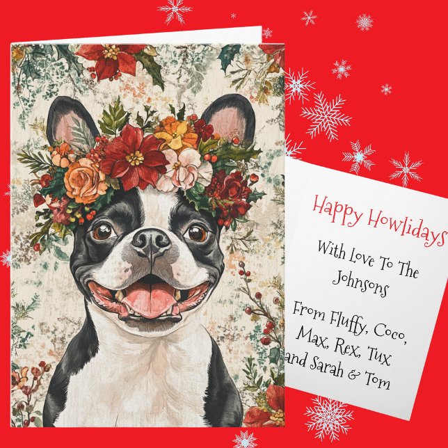 Cartão De Festividades Custom Boston Terrier Christmas Floral Crown (Criador carregado)