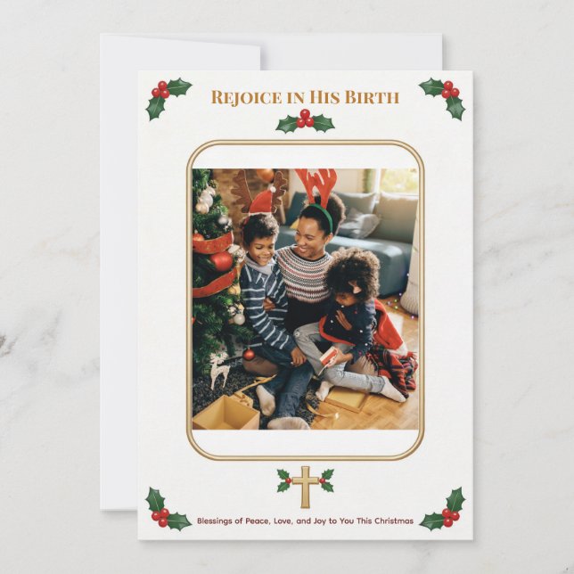 Cartão De Festividades Custom Christian Christmas with Holly and Cross (Frente)