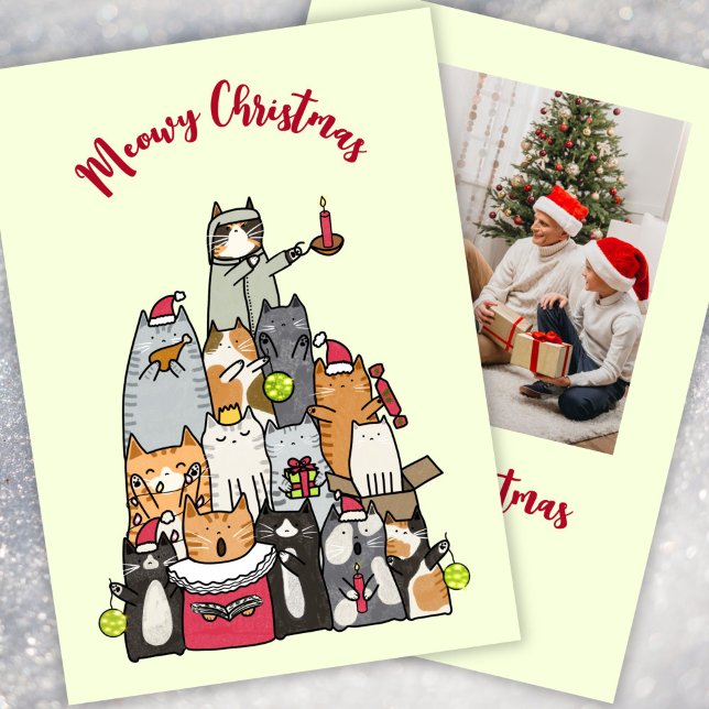 Cartão De Festividades Custom Cute Meowy Christmas Cartoon Cats Photo (Criador carregado)