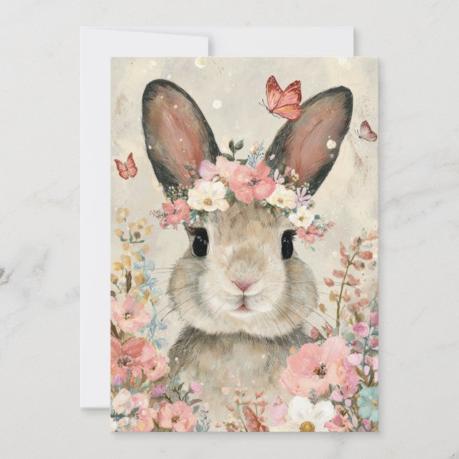 Cartão De Festividades Custom Easter Card with Flowers and Easter Bunny (Frente)