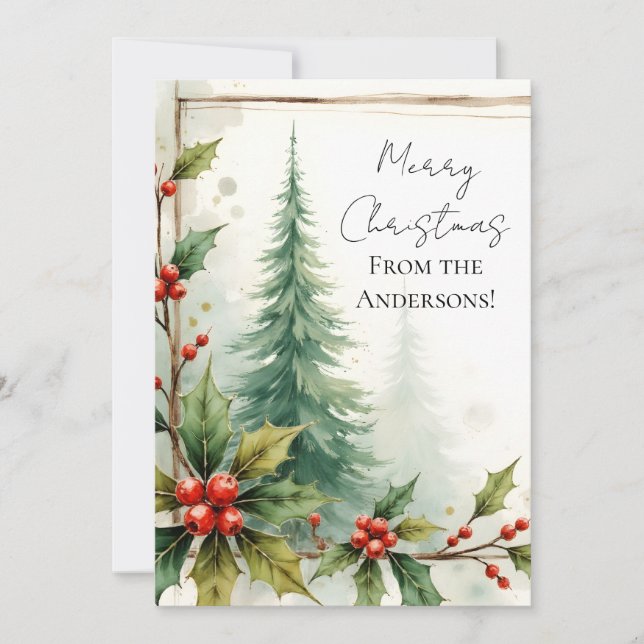 Cartão De Festividades Custom Elegant Holly Pine Christmas Card (Frente)