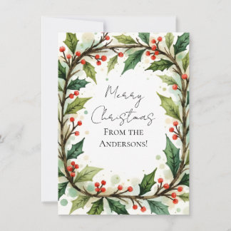 Cartão De Festividades Custom Elegant Holly Pine Christmas Card