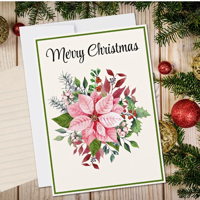 Cartão De Festividades Custom Elegant Pink Poinsettia Flat Christmas Card (Criador carregado)
