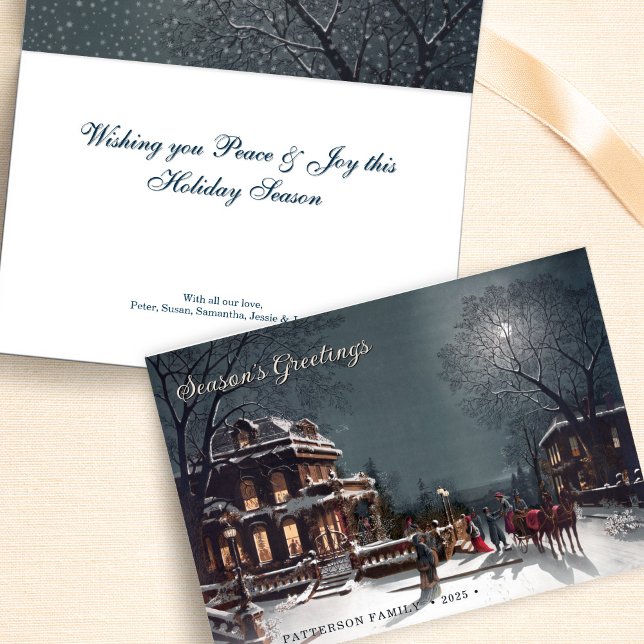 Cartão De Festividades Custom Elegant Victorian Christmas Eve Scene  (Elegant, snowy Victorian winter scene, personalizable Holiday card.)