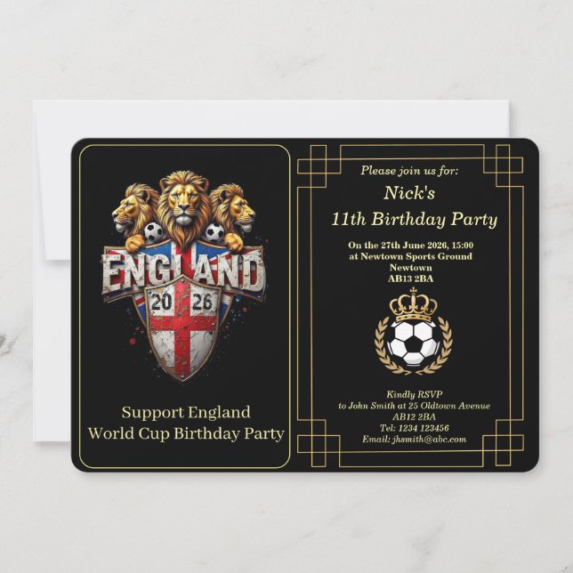 Cartão De Festividades Custom England Soccer Team 3 Lions Birthday Invite (Frente)
