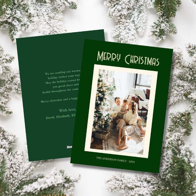 Cartão De Festividades Custom family photo green merry christmas Card (Criador carregado)