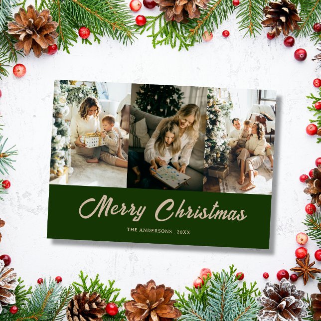 Cartão De Festividades custom family photo green merry christmas Card (Criador carregado)