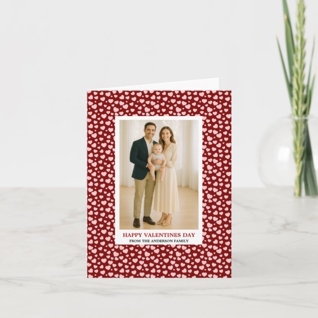Cartão De Festividades Custom Family Photo Hearts Pattern Valentine's Day (Frente)