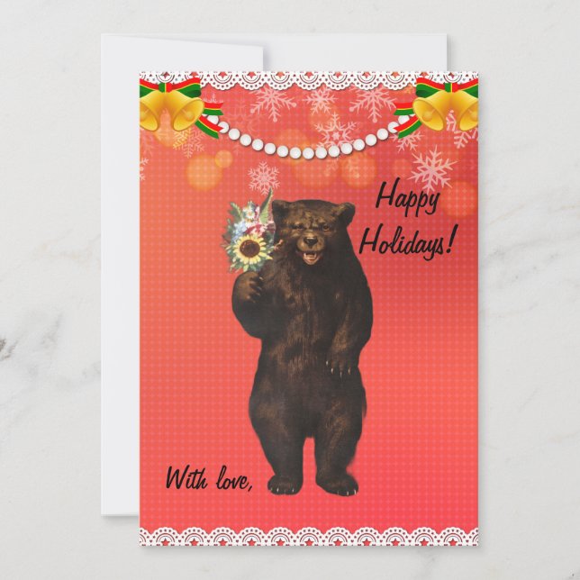Cartão De Festividades Custom Funny Modern Christmas Bear with flowers  (Frente)