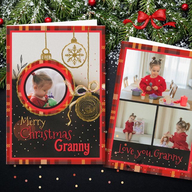Cartão De Festividades Custom Granny Christmas Photo Card | Red Plaid (Custom Granny Christmas Photo Card | Red Plaid)