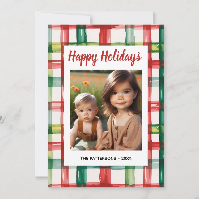 Cartão De Festividades Custom Happy Holidays Fun Plaid Red Green Photo (Frente)