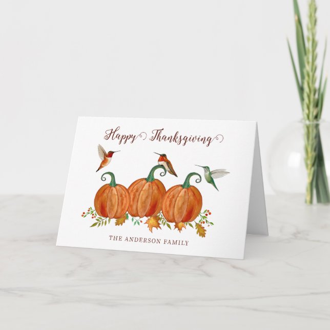 Cartão De Festividades Custom Hummingbirds and Pumpkins Thanksgiving (Frente)
