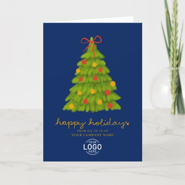 Cartão De Festividades Custom Logo Christmas Tree Navy Blue Business (Frente)