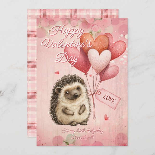 Cartão De Festividades Custom Message Hedgehog Animal Valentines Day (Frente/Verso)