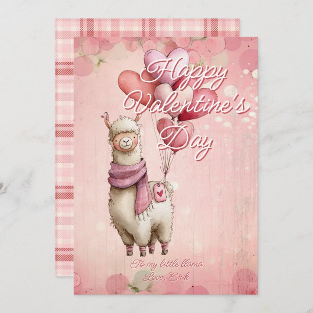Cartão De Festividades Custom Message Llama Animal Valentines Day (Frente/Verso)