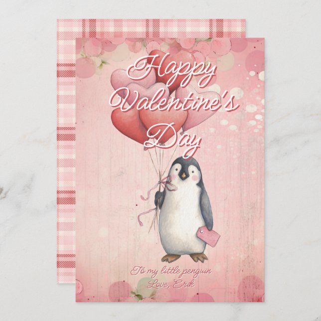 Cartão De Festividades Custom Message Penguin Animal Valentines Day (Frente/Verso)