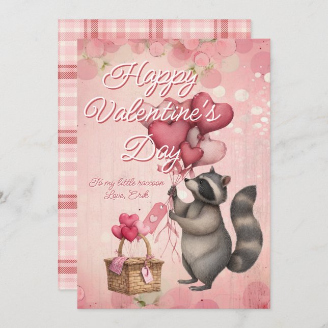 Cartão De Festividades Custom Message Raccoon Animal Valentines Day (Frente/Verso)