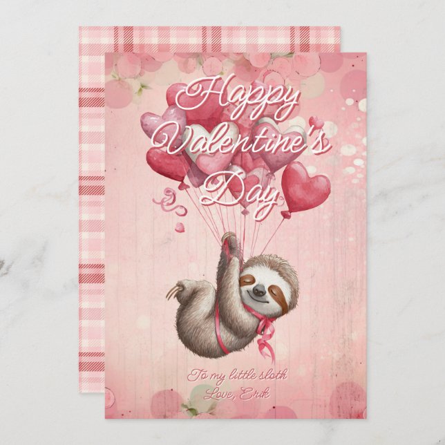 Cartão De Festividades Custom Message Sloth Animal Valentines Day (Frente/Verso)