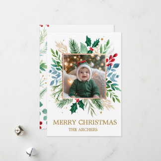 Cartão De Festividades Custom Photo Merry Christmas Watercolor Botanical