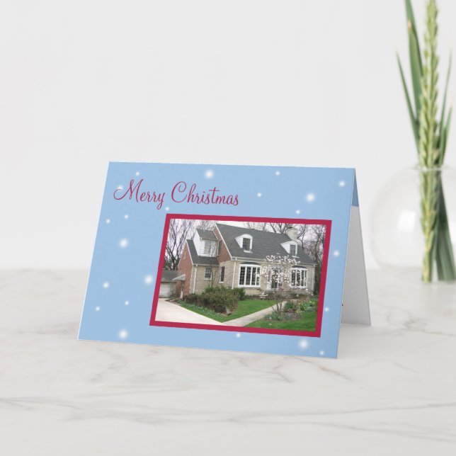 Cartão De Festividades Custom photo snowy blue Christmas holiday greeting (Frente)