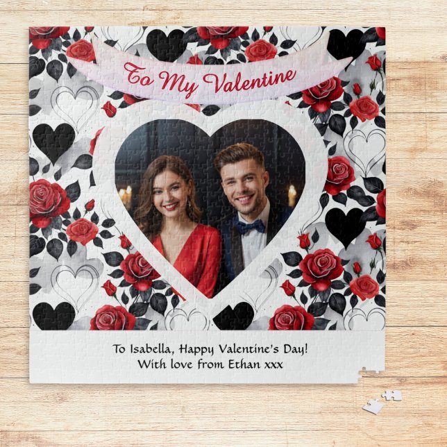 Cartão De Festividades Custom Romantic Roses and Hearts Valentine's Day (A romantic jigsaw puzzle for Valentine's Day, with red roses, hearts and custom photo and message)