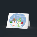 Cartão De Festividades Custom Snowman Sweethearts Christmas Card.<br><div class="desc">Cute Christmas card for husband,  wife,  boyfriend,  girlfriend,  etc.  Personalize with names and closing text. FRONT: Even when it's cold outside INSIDE:  Your love keeps me warm. Merry Christmas Dear! Jamie Wogan Edwards Art</div>