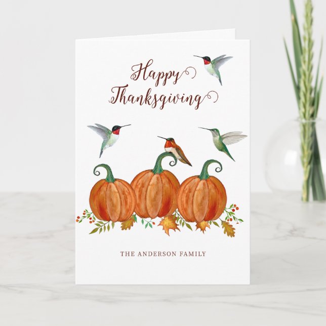 Cartão De Festividades Custom Thanksgiving Hummingbirds and Pumpkins (Frente)