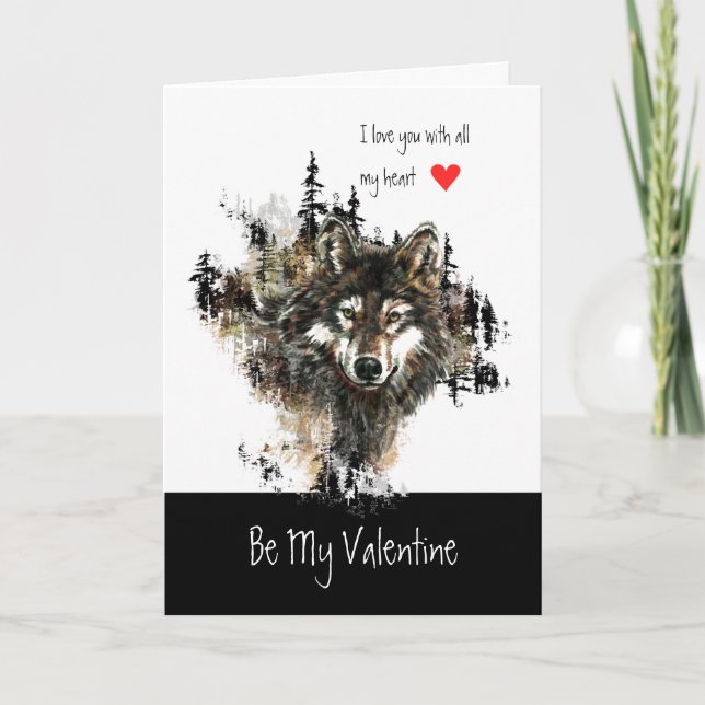Cartão De Festividades Custom Valentine Love Heart Wolf Animal Nature Art (Frente)