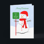 Cartão De Festividades Customized Snowman Christmas Greeting Card<br><div class="desc">This customized snowman Christmas greeting card features a cute snowman wearing a red Santa hat and a red scarf with coordinating red buttons down the front of the snowman. Above the snowman are the words "Merry Christmas." A sign is right in front of the snowman which you can customize with...</div>