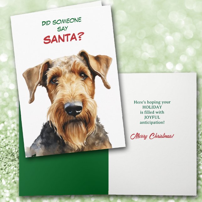 Cartão De Festividades Cute Airedale Terrier Dog Looks for Santa (Criador carregado)