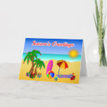 Cartão De Festividades Cute Aussie Beach Scene Australian Christmas Cards<br><div class="desc">© Sunny Mars Designs. Christmas in Australia Beach Scene  – Christmas greeting card with a tropical beach illustration  with a palm tree with Christmas decorations,  presents,  a surf board,  beach umbrella,  towel,  ball,  bucket and spade and thongs.</div>