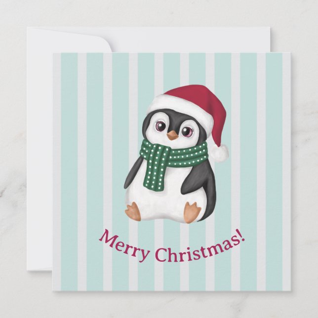 Cartão De Festividades Cute Baby Penguin Wearing Santa Hat Christmas (Frente)